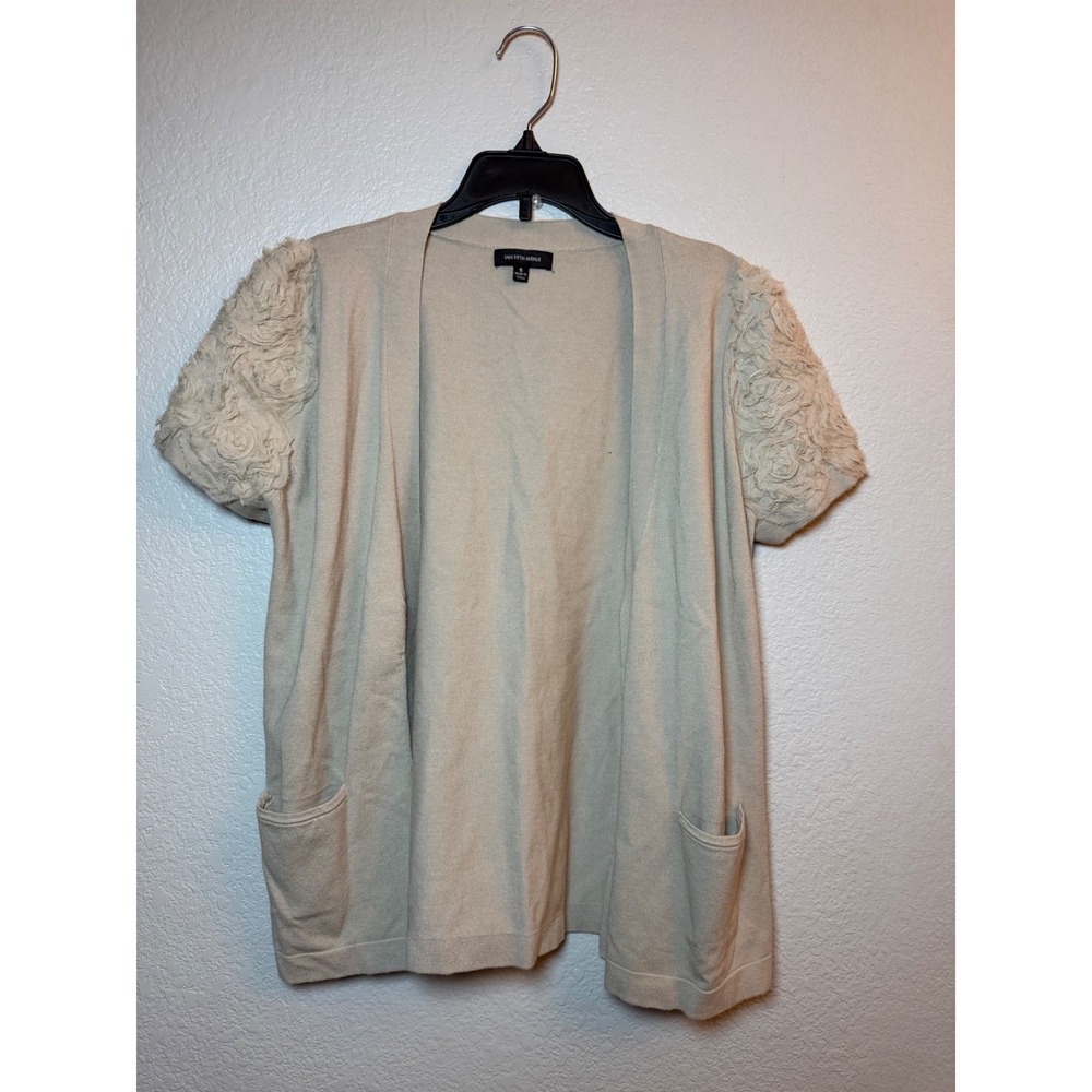 Saks Fifth Avenue Beige Open Front Cardigan Silk Rosette Short Sleeve Small